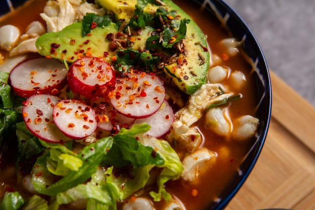 Top view on appetizing pozole bowl