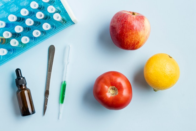 Free photo top view apples and lemon with lab objects