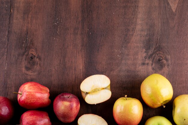 Top view apples with copy space on brown wooden  horizontal