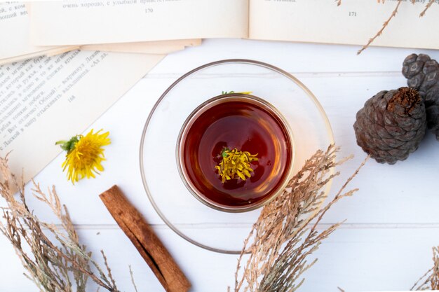 Top view of armudu glass of tea with dandelions, cinnamon sticks on white