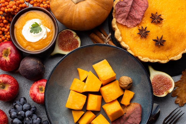 Top view arrangement of autumn food