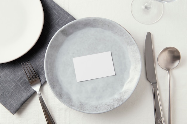 Top view arrangement of beautiful tableware on the table