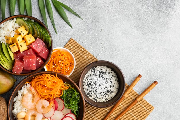 Top view arrangement of delicious poke bowl