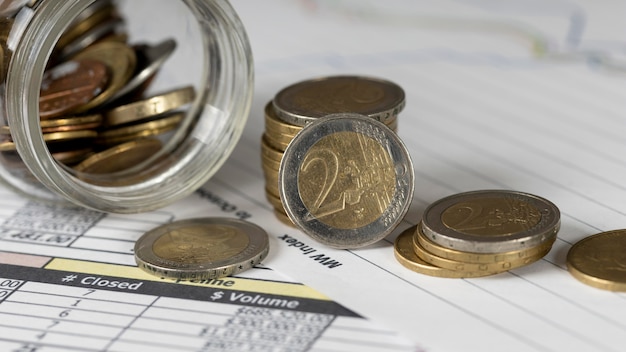 Top view arrangement of different coins