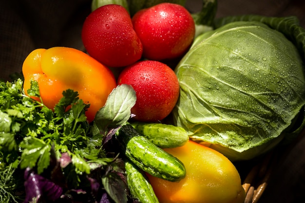 Top view arrangement of fresh autumnal vegetables