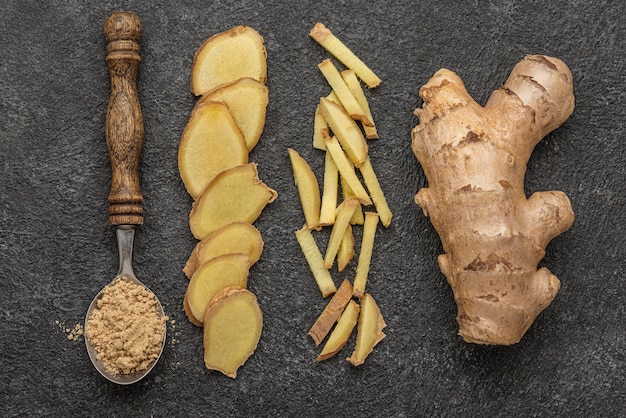 Free photo top view arrangement of ginger on table