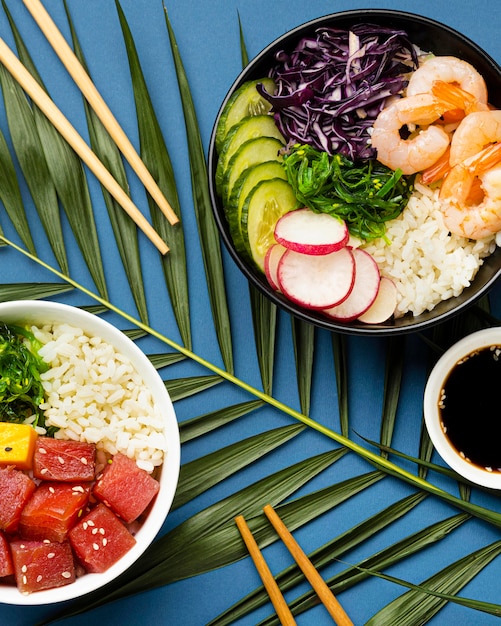 Top view arrangement of hawaiian poke bowl