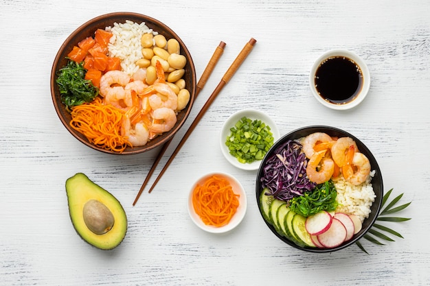 Top view arrangement of hawaiian poke bowl