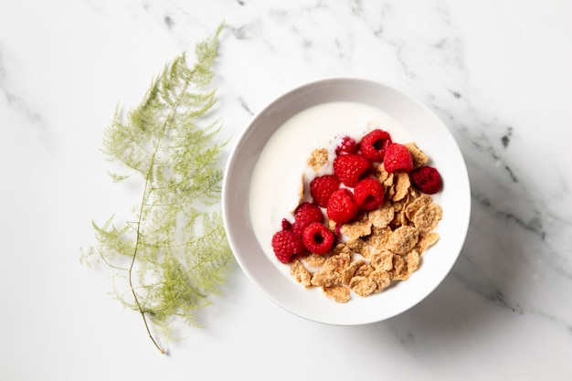 Top view arrangement of healthy bowl cereals