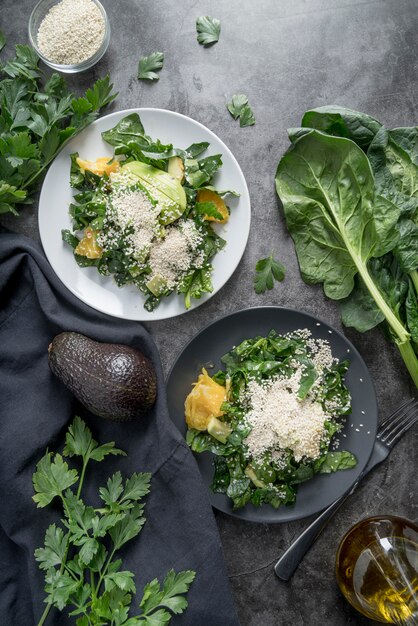 Top view arrangement of healthy salads