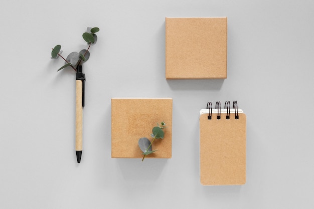 Top view arrangement of natural material stationery