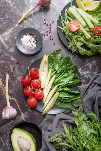 Top view arrangement of organic salads