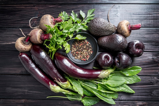 Top view arrangement of organic vegetables and fruits