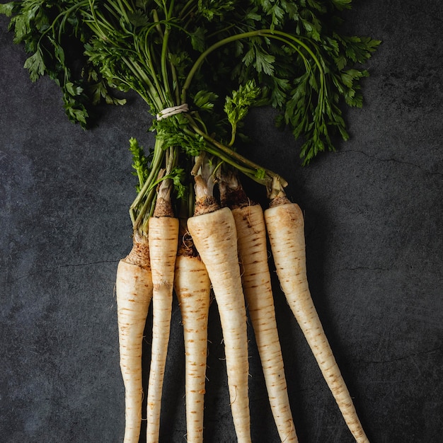 Top view arrangement of parsley roots