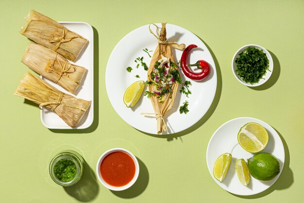 Top view arrangement of tamales ingredients