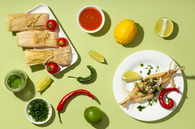 Top view arrangement of tamales ingredients