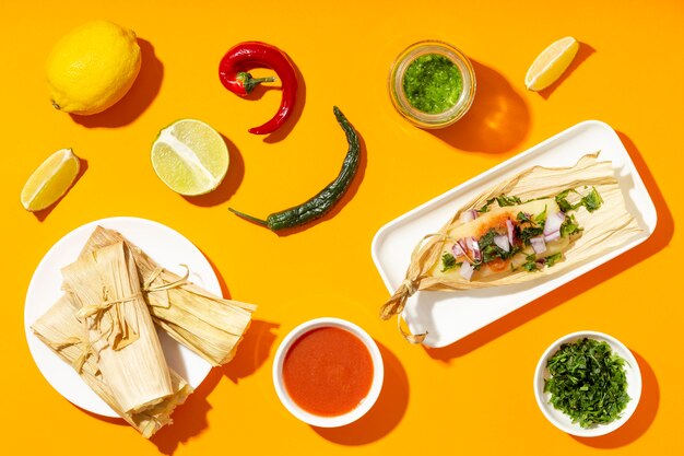 Top view arrangement of tamales ingredients