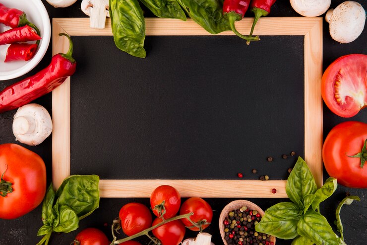Free Photo top view arrangement of vegetables with empty blackboard