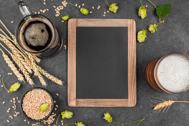 Top view arrangement with beer and frame