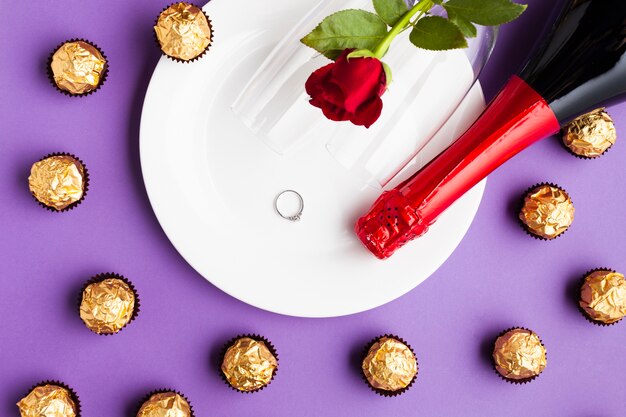 Top view arrangement with chocolate and white plate