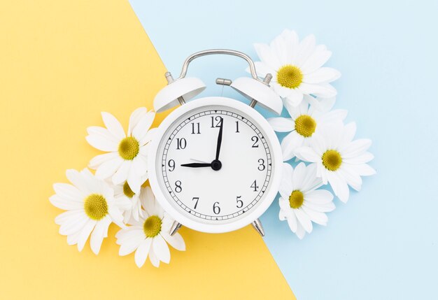 Top view arrangement with clock and daisies