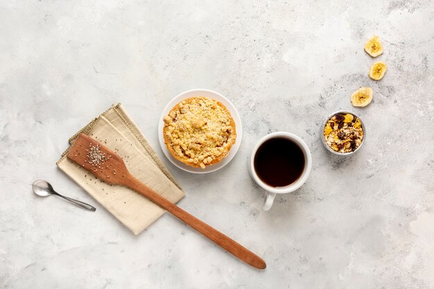 Top view arrangement with coffee on stucco background