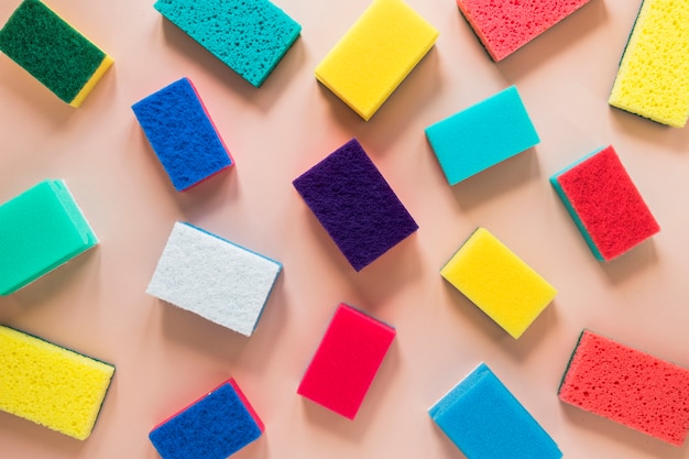 Top view arrangement with colorful cleaning sponges