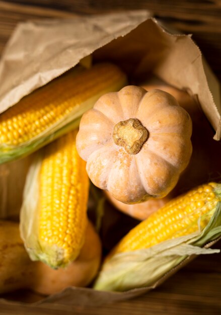 Top view arrangement with corn and pumpkin