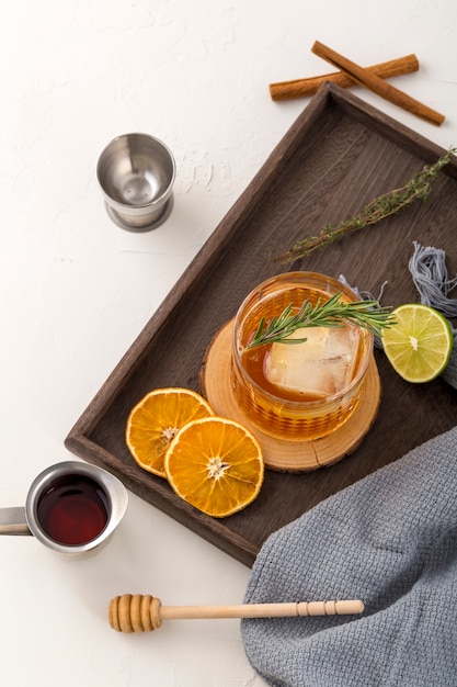 Top view arrangement with drink and fruit slices