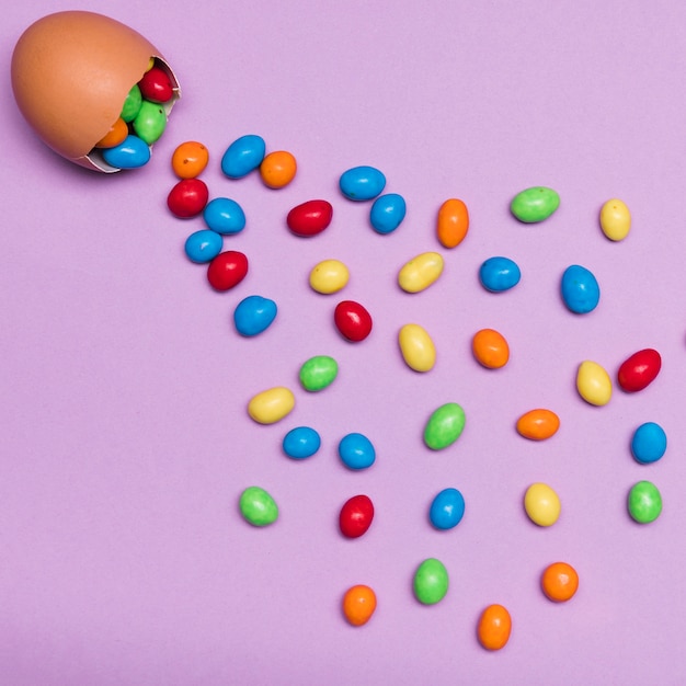 Top view arrangement with egg shell and candy