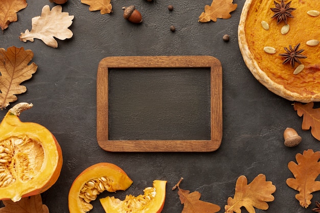 Top view arrangement with food and wooden frame