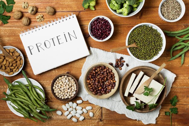 Top view arrangement with grains and notebook