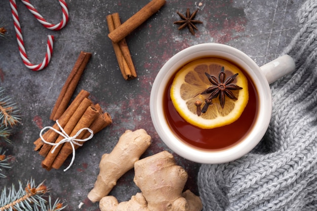 Top view arrangement with hot tea and lemon