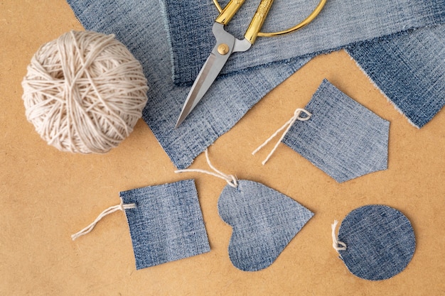 Top view arrangement with jeans fabric