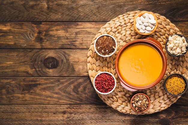 Top view arrangement with soup and grains