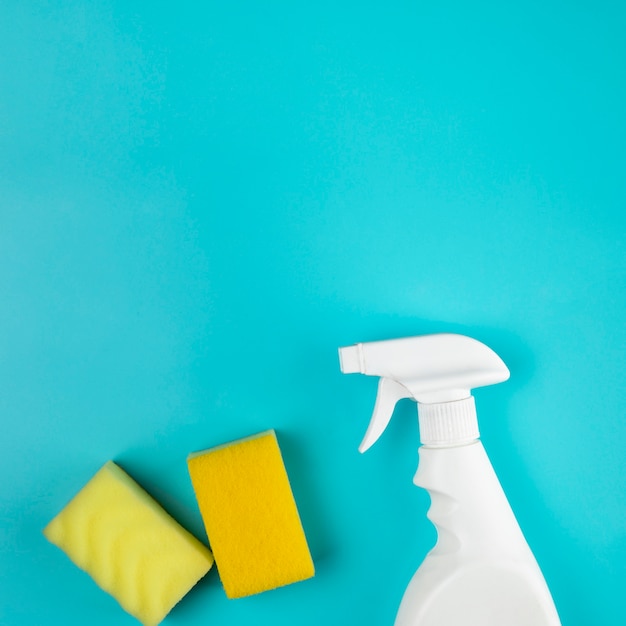 Free photo top view arrangement with spray bottle and sponges