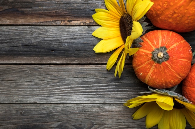 Top view arrangement with sunflowers and pumpkins