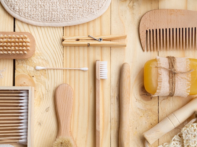 Top view arrangement with wooden care products