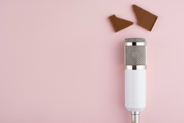 Top view of asmr microphone with chocolate