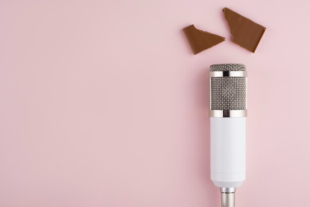 Top view of asmr microphone with chocolate