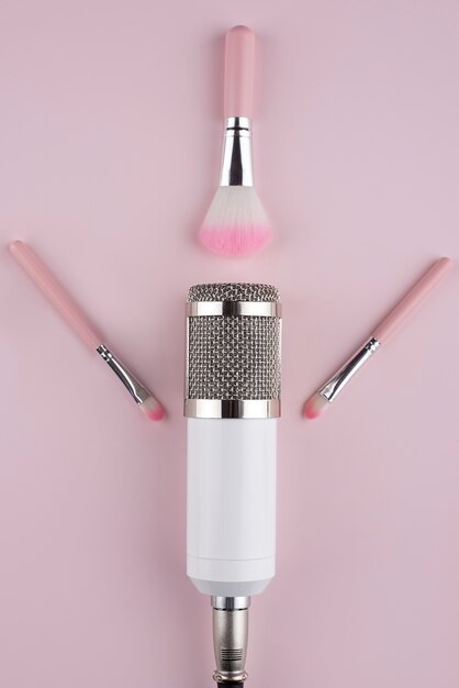 Top view of asmr microphone with make-up brushes