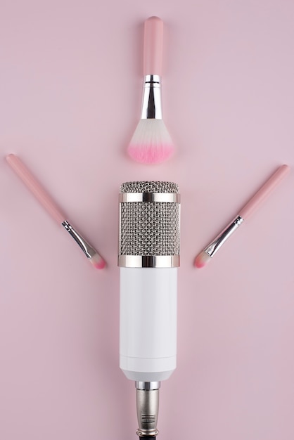 Top view of asmr microphone with make-up brushes