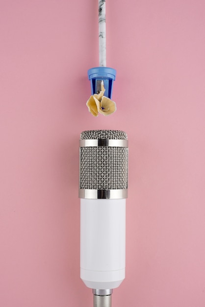 Top view of asmr microphone with pencil sharpener