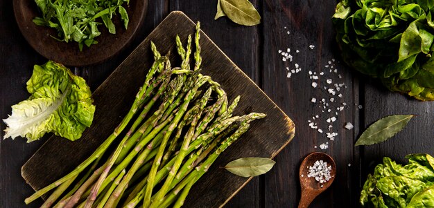 Top view of asparagus with salad