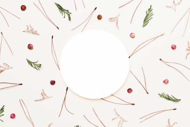 Top view of assortment of autumn plants with paper circle