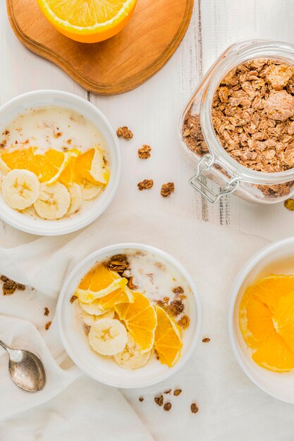 Top view assortment of breakfast bowls ready to be served