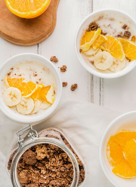 Top view assortment of breakfast bowls ready to be served