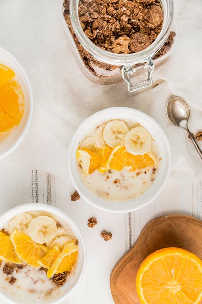 Top view assortment of breakfast bowls ready to be served