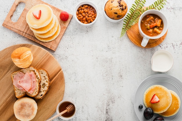 Top view assortment of breakfast items