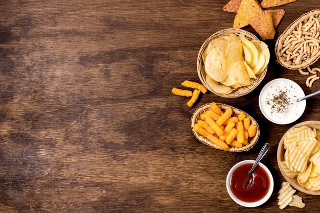 Top view of assortment of chips with copy pace